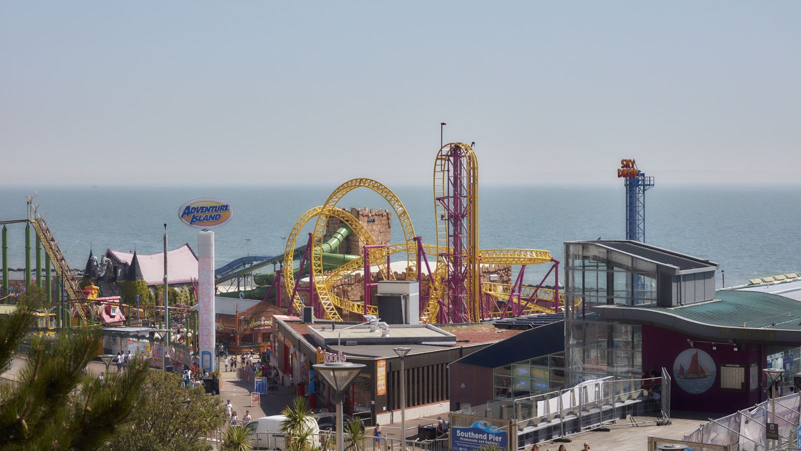 Adventure Island in Southend, picture displays rides at the theme park in a wide shot