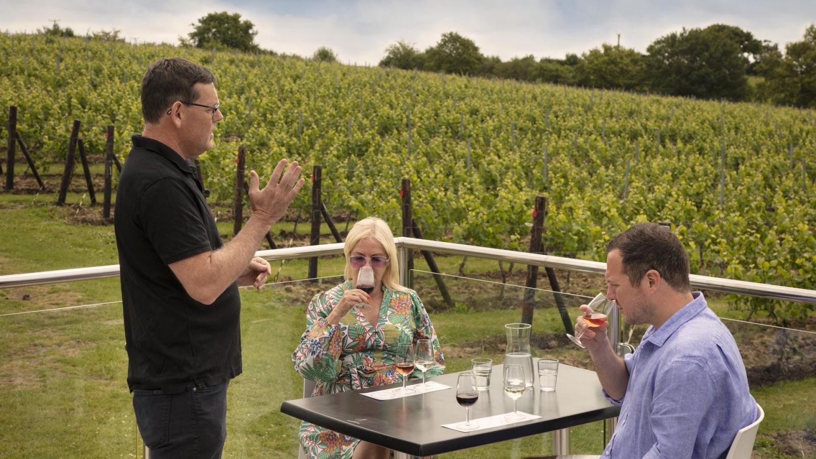 Couple tasting wines at Crouch Ridge Vineyard in Essex